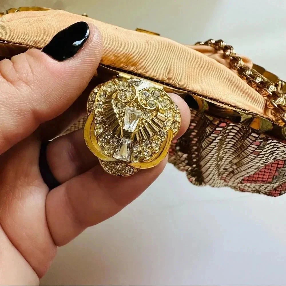 Whiting & Davis Co Vintage Golden Mesh Bag With Rhinestone/Jeweled Clasp